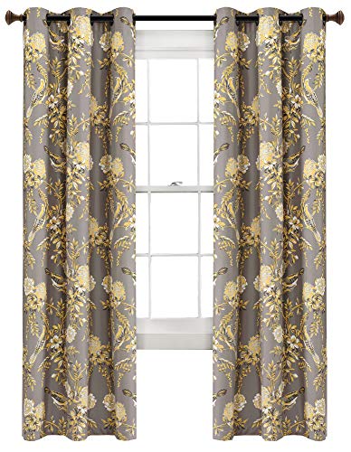 Lush Decor, Coppia di pannelli per tenda oscurante per finestra, con occhielli isolati, motivo uccelli e fiori, colore grigio e giallo, 213,4 x 96,5 cm