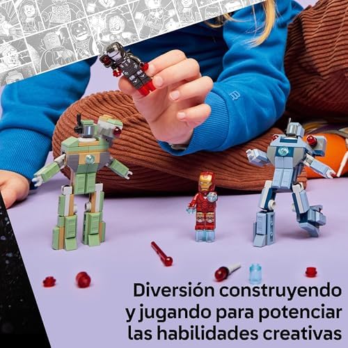 ǀ Marvel Iron Man & War Machine vs. Hammer Drones - Brinquedo de construção com 2 minifiguras e 2 bonecos de ação com Stud Shooters - Presente de Super Herói para Rapazes de 7+ Anos - 76320