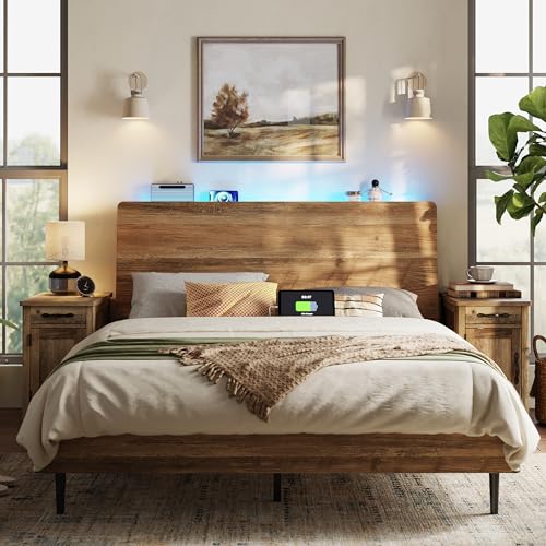 LINSY Full Size Bed Frame with RGB Lights & Ergonomic Headboard ...
