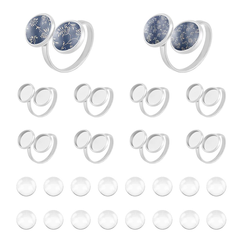 UNICRAFTALE 16pcs Adjustable Blank Ring Base 17mm Clear Glass Cabochon Base 304 Flat Round Trays Stainless Steel Bezel Tray 10mm for Jewelry Making.