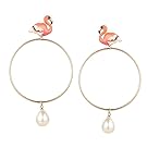 Womens Alloy Imtational Pearl Flamingo Large Hoop Circle Dangle Studs Earrings, Red