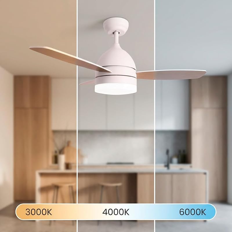 – Deckenventilator mit verstellbarem LED-Licht | Weißer Fächer aus Naturholzimitat | Fernbedienung | 3 Geschwindigkeiten | 70W| Timer| Durchmesser 106cm| Sommer- und Winterfunktion