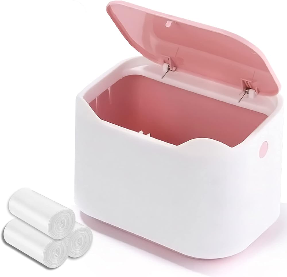 YAGGOOD Desk Bin Trash Can with Lid Pink White Mini 0.66gal Desktop