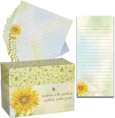 Sunflower 4x6 Recipe Card Box Set for Women with 48 Recipe Cards, 12 Dividers and Matching Note Pad