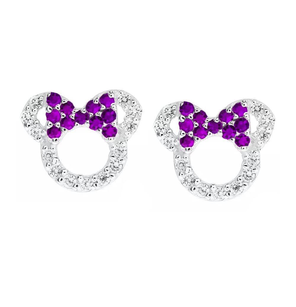 MixiuEuro Girls Mouse Stud Earrings, 925 Sterling Silver Amethyst Green Blue CZ Cubic Zirconia Micky Stud Earrings Jewellery Gift For Girls Child (Purple)