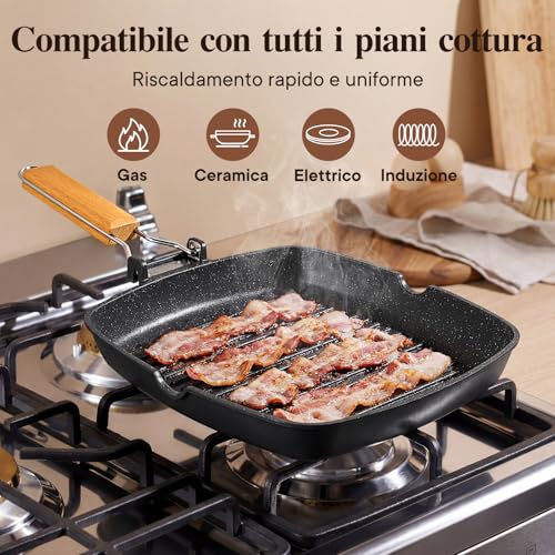 GiPP Non-Stick Grill Pan 34 x 24 cm with Folding Handle | Suitable for all types of stoves, induction, gas, ceramic, electric, aluminium, easy to store and save space