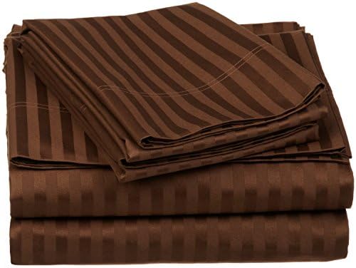 300 Thread Count - Genuine Extra Long Staple (ELS) Premium Combed Cotton Bed Sheet Set [Top / Flat + Deep Pocket Bottom / Fitted + Pillow cases] , Olympic Queen Size, Stripe Chocolate - Mocha