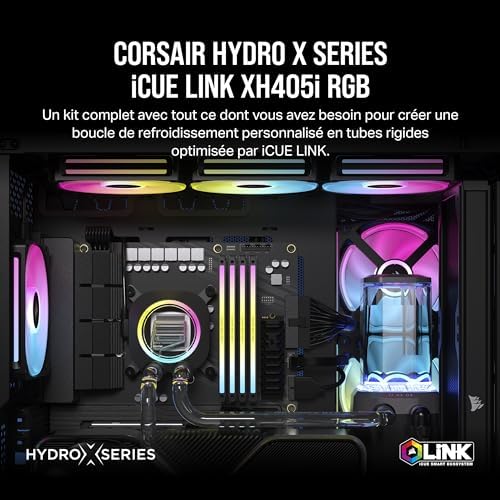 Hydro X Series iCUE Link XH405i Kit de Watercooling Personnalisé – Waterblock pour Processeur XC7 Elite – Pompe/Réservoir D5 XD5 Elite – 3 Ventilateurs RGB QX120 – Gris Furtif