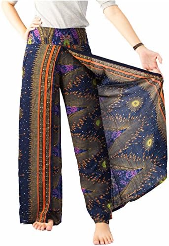 Wide Leg Pants Non Elastic Ankle Print Design Pants Comfortable Wear On The Beach. (Dark Blue)