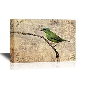 Birds and Poultry Canvas Wall Art - A Green Bird Standing on The Tree Branch - Retro Style Gallery Wrap Modern Home Art | Ready to Hang - 12x18 inches