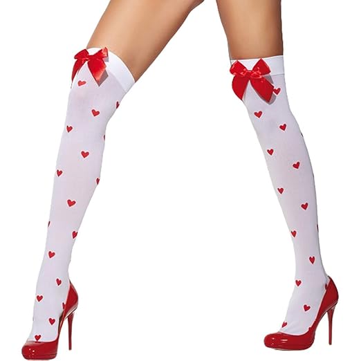 Smiffys Fever Damen Halterlose Strümpfe mit Schleifen und Herzmuster, One Size, Farbe: Weiß-Rot, 42779