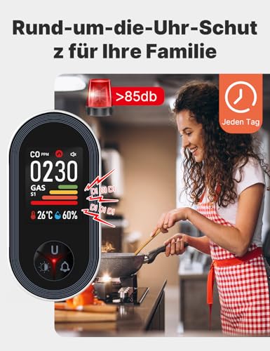 MOES Carbon Monoxide and Gas Detector with Plug, 4-in-1 CO Detector with Temperature & Humidity Sensor, with Audible Alarm for LPG, Propane, Methane, Ethane & CO - Suitable for Home & Motorhome