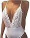 StyleDome Women Bodysuits Lace Backless Plunge V Neck Strap Halter Bodycon Babydoll White US 4