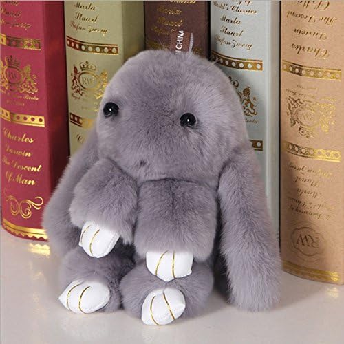 (GREY)Fluffy Bunny Plush Toy Anime Fur Rex Rabbit Pendant Keychain Decoration Hanging for Car Bags Toys for Girls Gift 15cm
