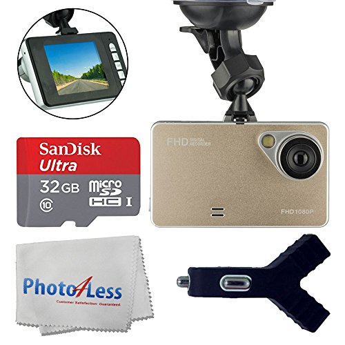 Dashboard DVR Cam Vehicle HD 1080P 170 Degree Ultra Wide Angle Lens G-Sensor Black Box Driving - 2.6" LCD Video Recorder + SanDisk 32GB MicroSDHC Memory Card + Dual USB Car Charger + Cleaning Cloth