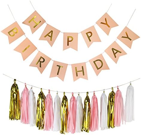 Happy Birthday Banner Kit, Party Decorations, Tassels Pink, Gold, and White, Birthday Girl Decorations, Kids Birthday