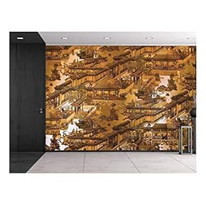 Traditional Chinese Painting - Fresco Wall Tapestry - Ornate Detail - Asian Motif - Wall Mural, Removable Sticker, Home Decor - 66x96 inches