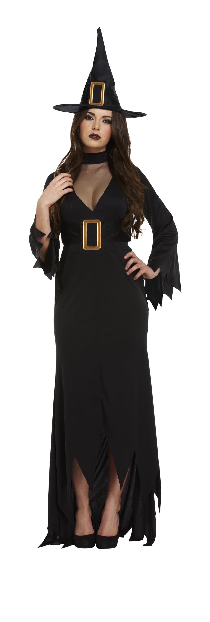 HENBRANDT Black Witch Halloween Costume - Premium Adult Fancy Dress Outfit with Full-Length Elegant Dress, Gold Buckle Accents, Pointy Hat - Perfect for Halloween Parties, Cosplay
