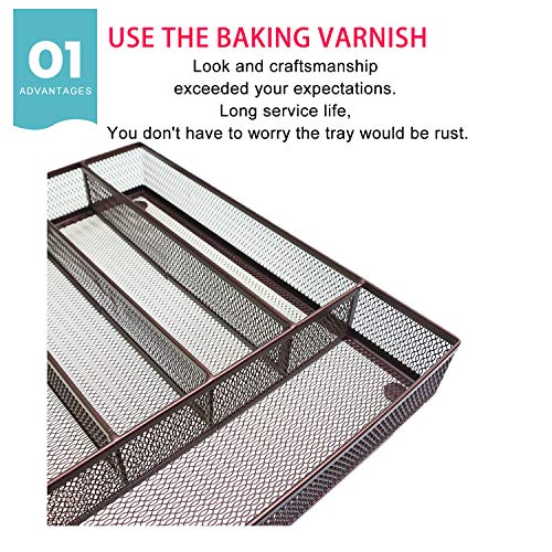 IRSHOME Sturdy Utensil Drawer Organizer, Cutlery Tray, Silverware/Flatware Storage Divider for Kitchen, Mesh Designing with Non-slip Rubber Feet, 5 Compartments, Brown-2 Pack