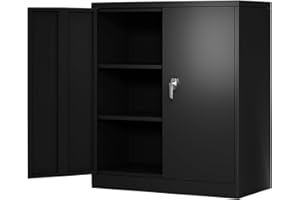 GREATMEET Metal Storage Cabinet with Locking Doors, 35.4" H Steel Garage Storage Cabinet with Adjustable Shelves, Steel File Storage Cabinet for Home Office Garage,Black