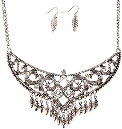 Vintage Maple Leaf Tassel Drop Necklace Statement Choker Necklaces Earrings Set For Women (Antique Silver)