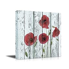 Poppy Flower on Vintage Wood Board Stretched