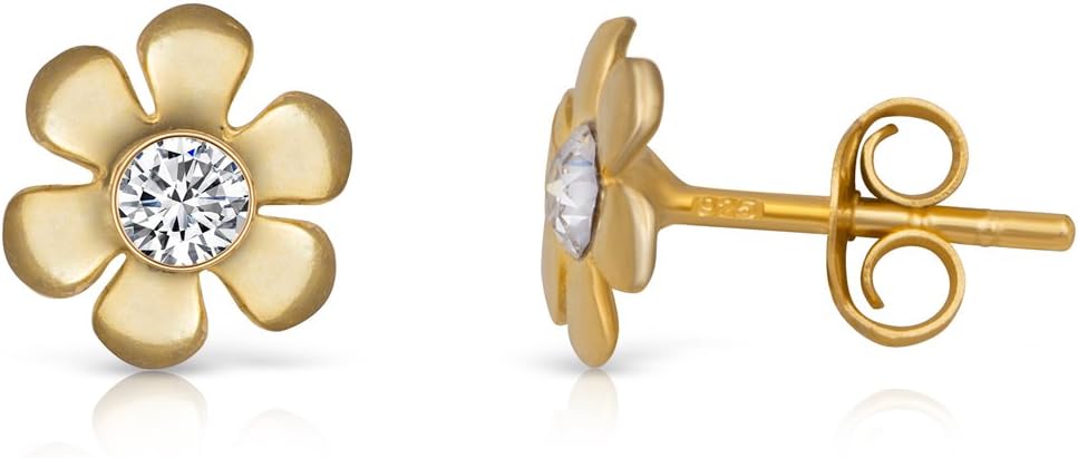 14K Yellow Gold Plated Sterling & Crystal Flower Small Stud Earrings Girls Teens Women