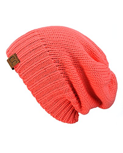 NYFASHION101 Exclusive Two Way Cuff & Slouch Warm Knit Ribbed Beanie, Coral