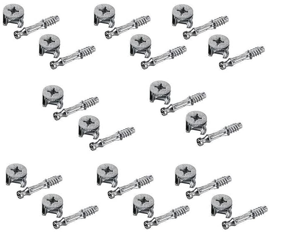 Merriway BH06024 (20 Pcs) Flat Pack Furniture Cabinet Fixing Screw Locking Cam Bolt Nuts (15mm x 12mm) and Dowels (M6 x 44mm), Bright Zinc Plated - Pack of 10 Each Piece