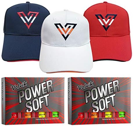 Volvik Power Soft Explosive Ball Speed 2 Dozen (Assorted Color 24 Balls) Golf Balls Bundle with & 3 Color V-Logo Hats (White, Navy, Red)