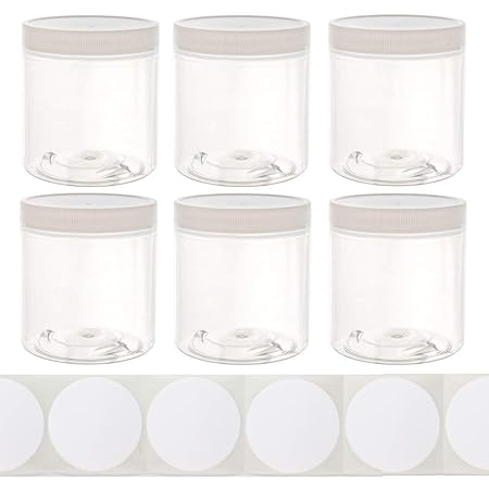 8oz Slime Glue Putty Storage Containers Jars (6 Pack) with Labels - Clear Empty Wide-Mouth Plastic containers with White lids for DIY Slime Making