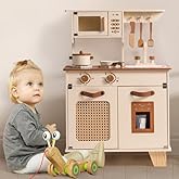 ROBUD Kids Kitchen Playset, Mocha Montessori Wooden Play Kitchen with Ice Dispenser, Pretend Toddlers Kitchen Toy with Access