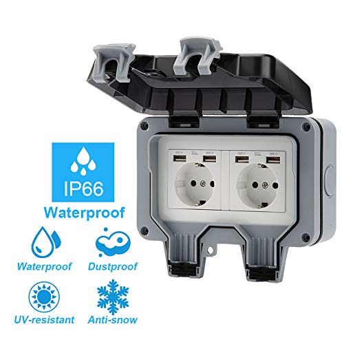Außensteckdose Steckdose mit USB Anschluss,IP66 Wasserdicht Wandsteckdose Staubdicht Outdoor Wasserdichte Steckdose mit… – Bild 6
