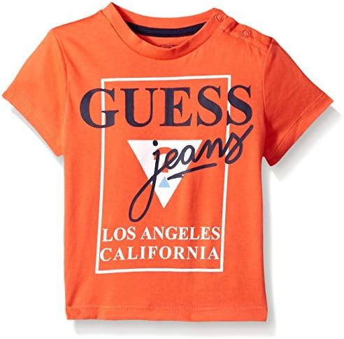GUESS Baby Boys' Short Sleeve Logo T-Shirt, Hot Coral, 3/6M
