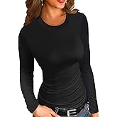 Sinono Fall Women's Scoop Neck Long Sleeve Shirts Ribbed Slim Fitted Casual Basic Top Blouses