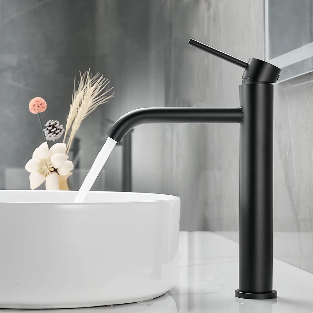 Ankoory Tall Bathroom Basin Mixer Tap, High Rise Bathroom Sink Tap for Countertop Basin, Single Lever Monobloc Faucet with High Spout, Modern Round Hot & Cold Taps with Flexible Tails (Matte Black)