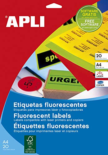 APLI 11748 - Permanent Fluorescent Orange Labels 210 x 297 mm 100 Sheets