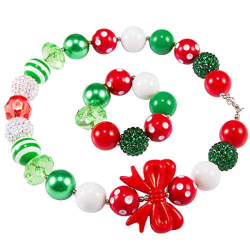 Madholly 2 Pcs Stretch Christmas Beaded Bracelet Necklace Set- Kids Holiday Festive Jewelry Set with Red White and Green Xmas Theme Beads for Children Girls Women Fun Christmas Gifts Present - Thumbnail 5