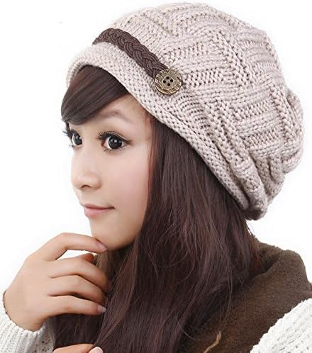 GRAMONI Women Knit Beanie Cap Winter Warm Thick Slouchy Cable Chunky Button Strap Hat Earmuffs Snow Ski Caps (Beige)