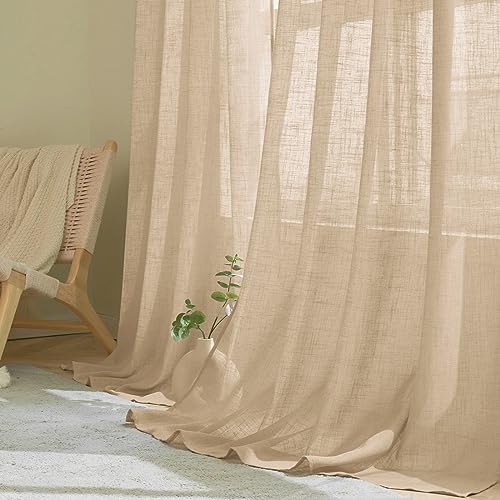 Woaboy Linen Curtains Translucent Net Curtains with Eyelets Modern Decorative for Living Room, Window, Bedroom, 2 Pieces, 140 x 260 cm, Beige
