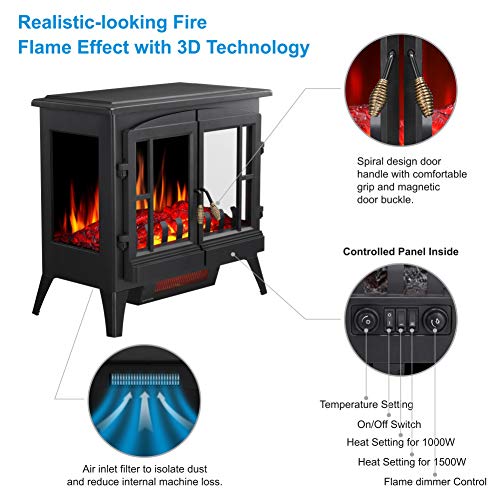 Joy Pebble 3D Infrared Electric Fireplace Stove with Realistic Flame Effect - 1000/1500W Freestanding Space Heater - 5215 (Black)