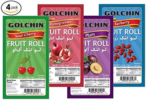 Golchin Fruit Rolls, 2.5 oz ( Pack of 4 ) Mix o 4 Flavors (Sour Cherry, Plum, Pomegranate, Barberries)