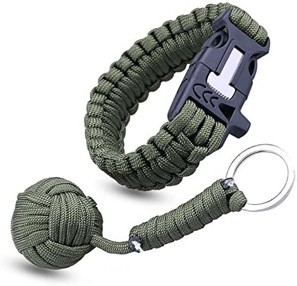Paracord Firestarter Survival Bracelet Army Green | flint fire starter scraper knife whistle for outdoor hunting hiking camping boating fishing and Emergency by Plus Ultra