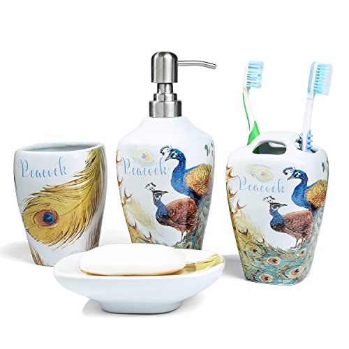 FORLONG FL3011 Ceramic Peacock Bathroom Accessories Set of 4:1 Gargle Cups,1 Toothbrush Holders,1 Soap Dishes,1 Soap Dispenser