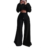 LROSEY Women 2 Piece Outfits Pants Sets Spring Casual Sweatsuits Long Sleeve Crop Tops Wide Leg Palazzo Trousers Lounge Set