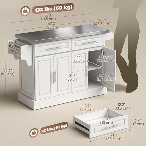 HOMCOM Kitchen Island with 47" Stainless Steel Top, Rolling Kitchen Cart on Wheels with 2 Drawers, 2 Cabinets, Towel & Knife & Spice Rack, White