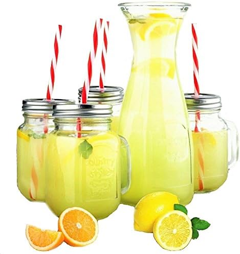 Portion Perfect Mason Jar &amp; Carafe Beverage Set with Straws and lids - Glass Mugs Set of 4 Jars [15.2oz] with Carafe [1liter] - Serve Ice Cold Drinks with this Beautiful Set