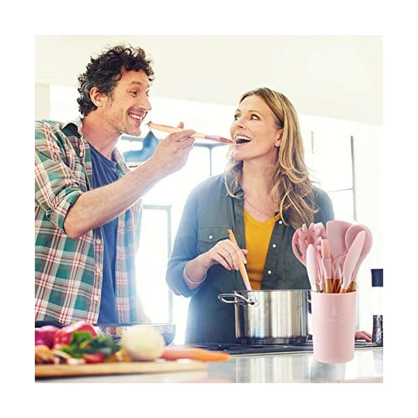 ZCOINS 18+1 PC Silicone Cooking Utensils Set with Wooden Handles & Holder, Kitchen Gadgets, Kitchen Tool Set Gift (Pink)