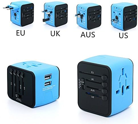 Worldwide Travel Adapter and Charger by Leo Sung with USB Fast Charging Ports For International Standard Cell Phone/Desktop/Laptop/Computer/ Chargers, Safety Fused (Sky Blue)