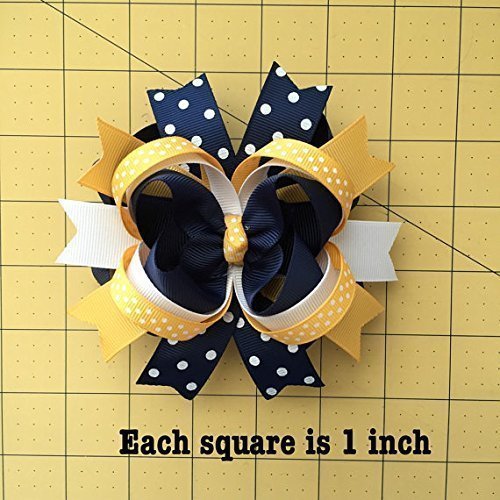 Navy Yellow Gold White Hair Bow, Handmade Navy Yellow White School Uniform Hair Bow, Private School Uniform Hair Clip - Thumbnail 3